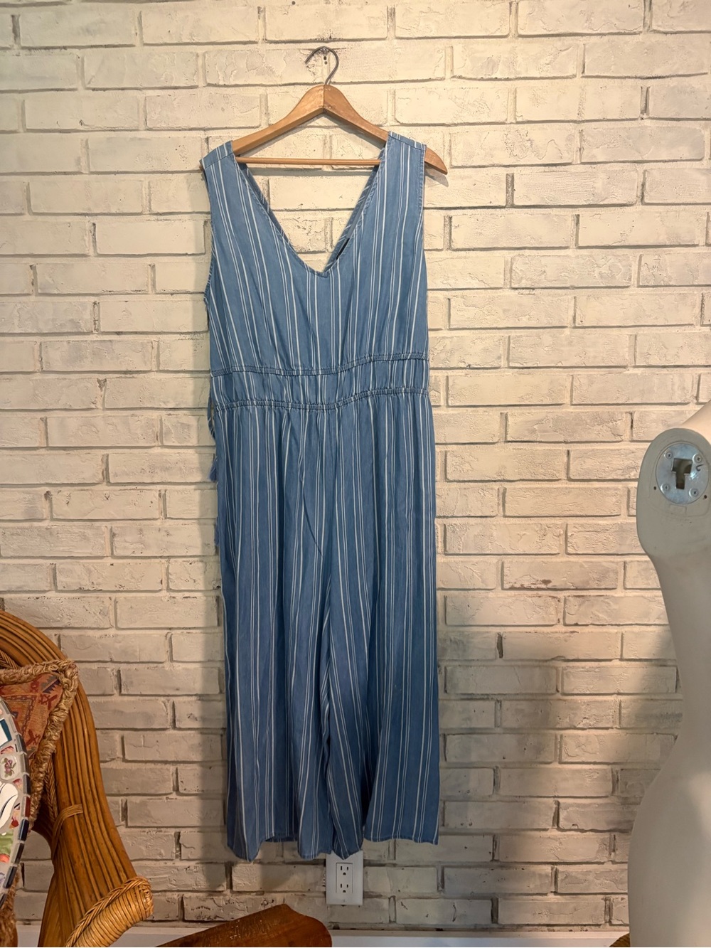new directions XL light blue striped jumpsuit chambray